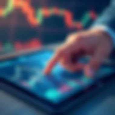 A close-up of a trader's hand analyzing stock graphs on a tablet.