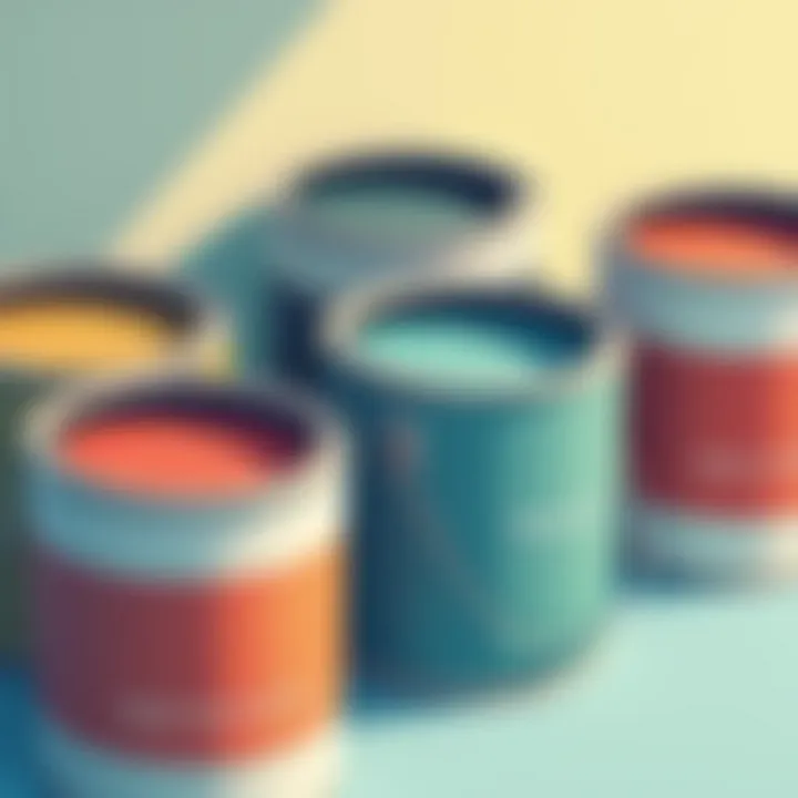 Close-up view of paint cans with various quality labels